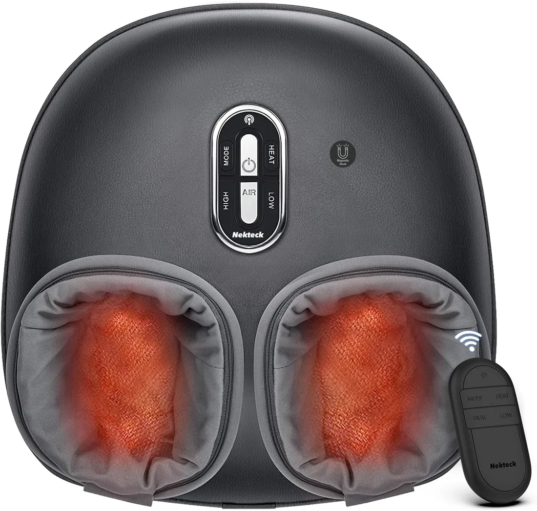Nekteck Masajeador de pies con calor: Masajeador Shiatsu de pies con control remoto mejorado (modelo 2026) para fascitis plantar, terapia de amasado profundo y compresión de aire (Negro)