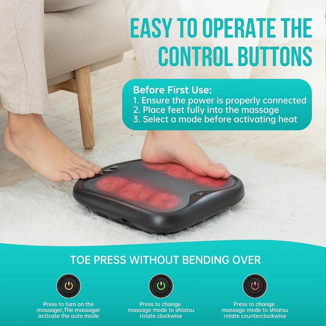 Snailax 2 en 1 masajeador de pies Shiatsu con Calor, Nudos de Masaje Flexibles para Todos los tamaños de pies, Calentador de pies, analgésico eléctrico foto 3