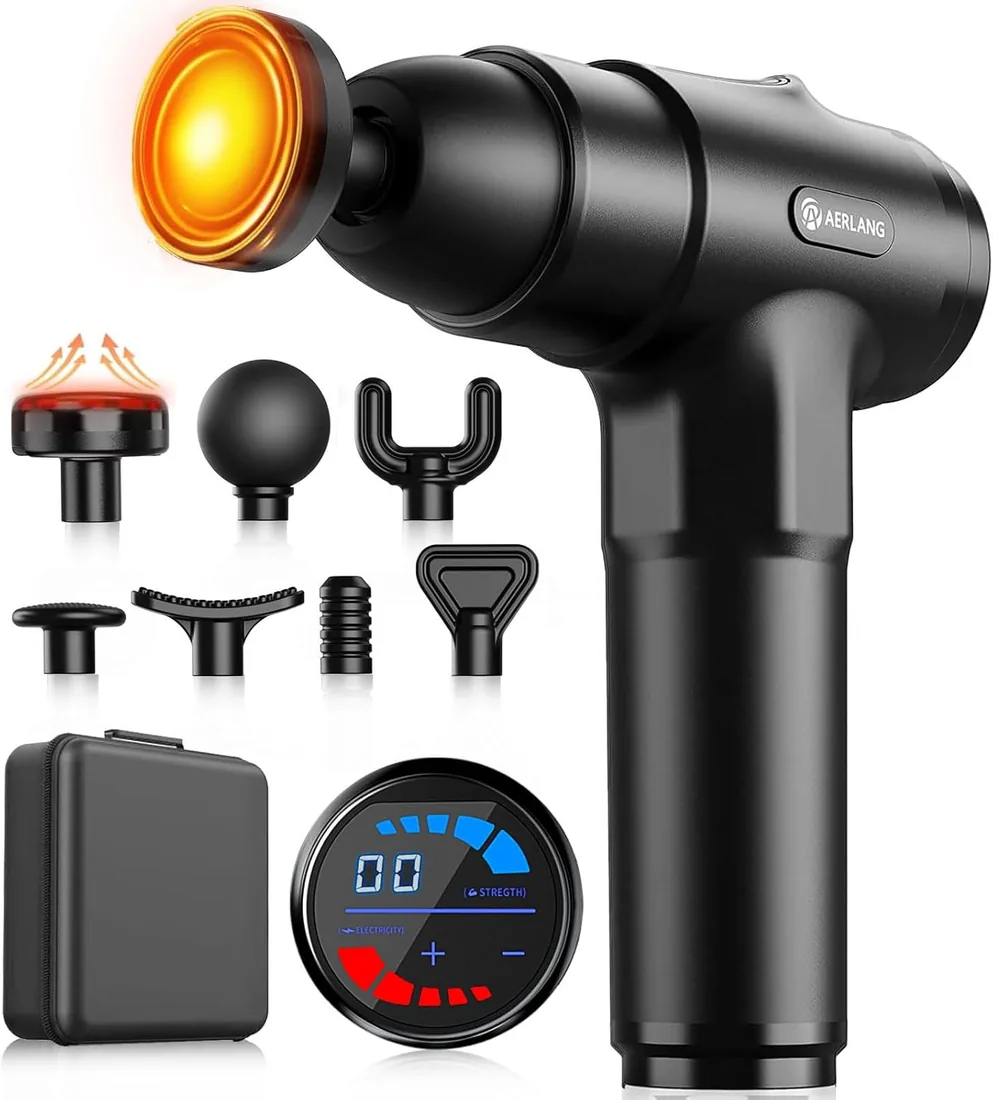 AERLANG Pistola de Masaje Muscular con Calor – Masajeador Muscular Profundo con 20 Velocidades, 7 Cabezales y Pantalla LED, Masajeador Cervical y Espalda – Regalo para Hombre, Mujer, Papá y Mamá foto 3