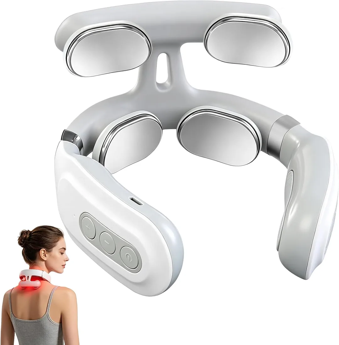 Masajeador Cervical EMS con Calor, 6 modos 16 intensidades, Masajeador de Cuello 4D, Alivio del Dolor de Cuello y Hombros, Pequeño y Portátil para Casa, Oficina, Viaje (Recargable USB-C)