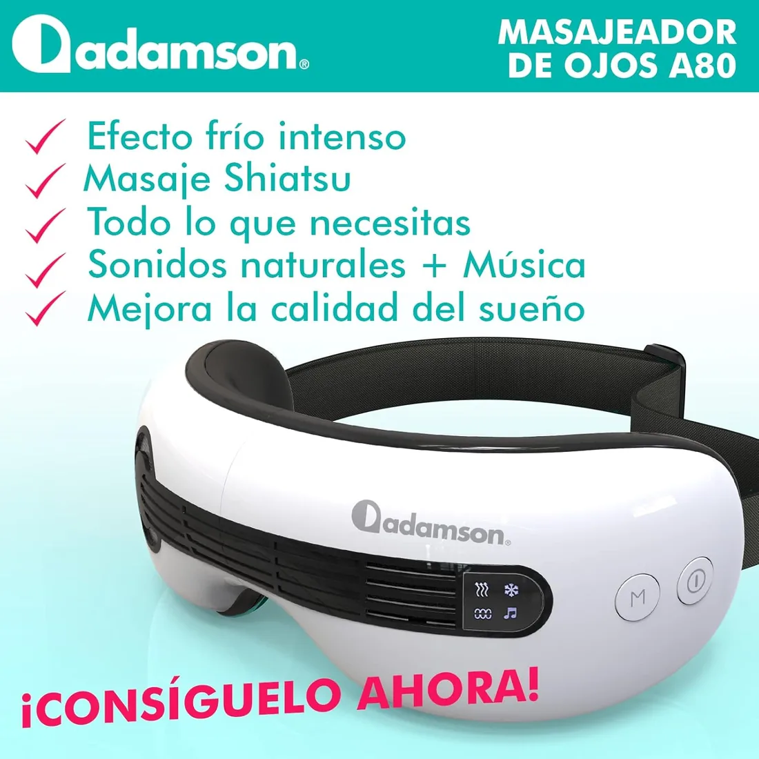A80 Masajeador de Ojos Frío y Calor, Bluetooth, Recargable | Masaje Shiatsu con Acupresión, Correa Ajustable de Piel Hipoalergénica y Sonidos Relajantes - 40C Calor, 20C Frío, Blanco foto 3