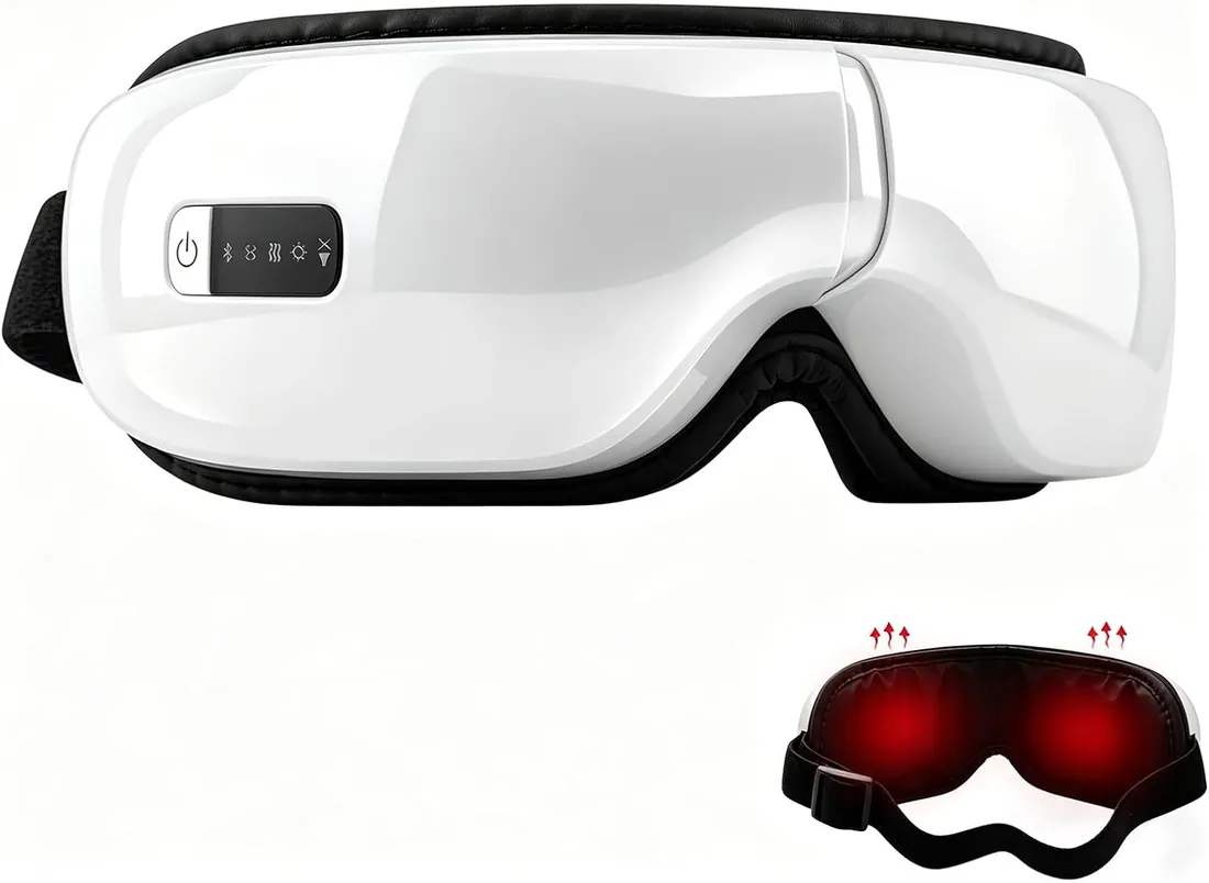 Masajeador de ojos con compresión térmica, vibración y música Bluetooth, recargable, 5 modos de masaje, terapia ocular para aliviar el dolor ocular, mejorar los ojos secos y dormir