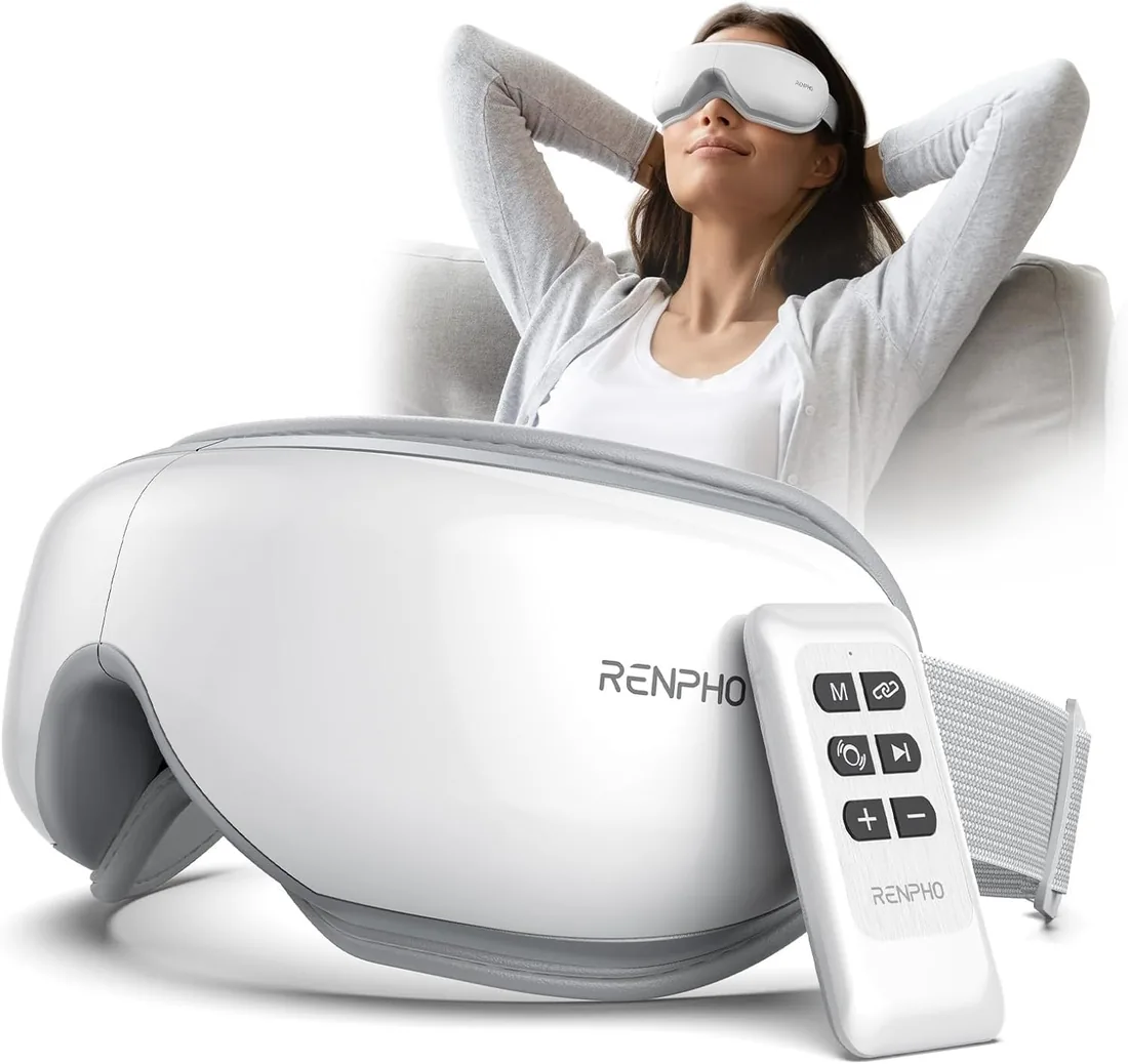 RENPHO Masajeador de ojos con control remoto y calor, regalo mujer | 2 Niveles de Calor, Masajear ojos para aliviar la tensión ocular, Círculos oscuros Bolsas de ojos, Mejorar el sueño