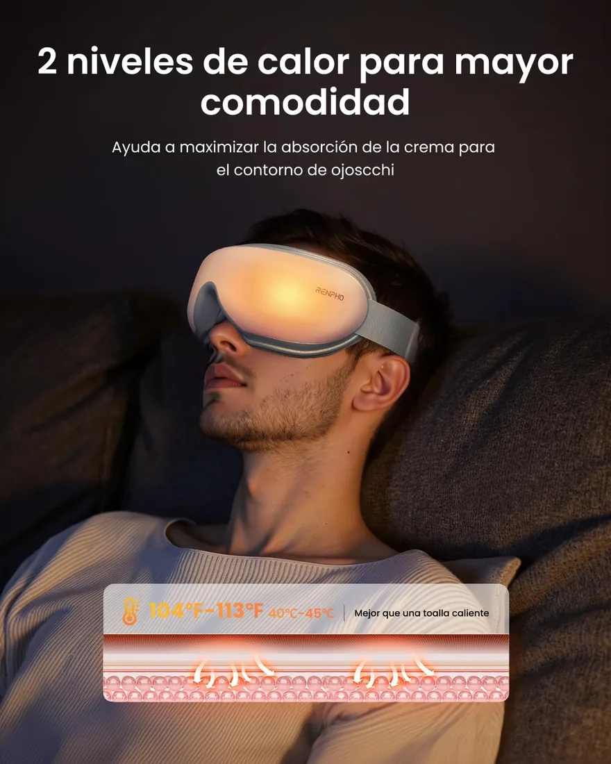 RENPHO Masajeador de ojos con control remoto y calor, regalo mujer | 2 Niveles de Calor, Masajear ojos para aliviar la tensión ocular, Círculos oscuros Bolsas de ojos, Mejorar el sueño foto 3