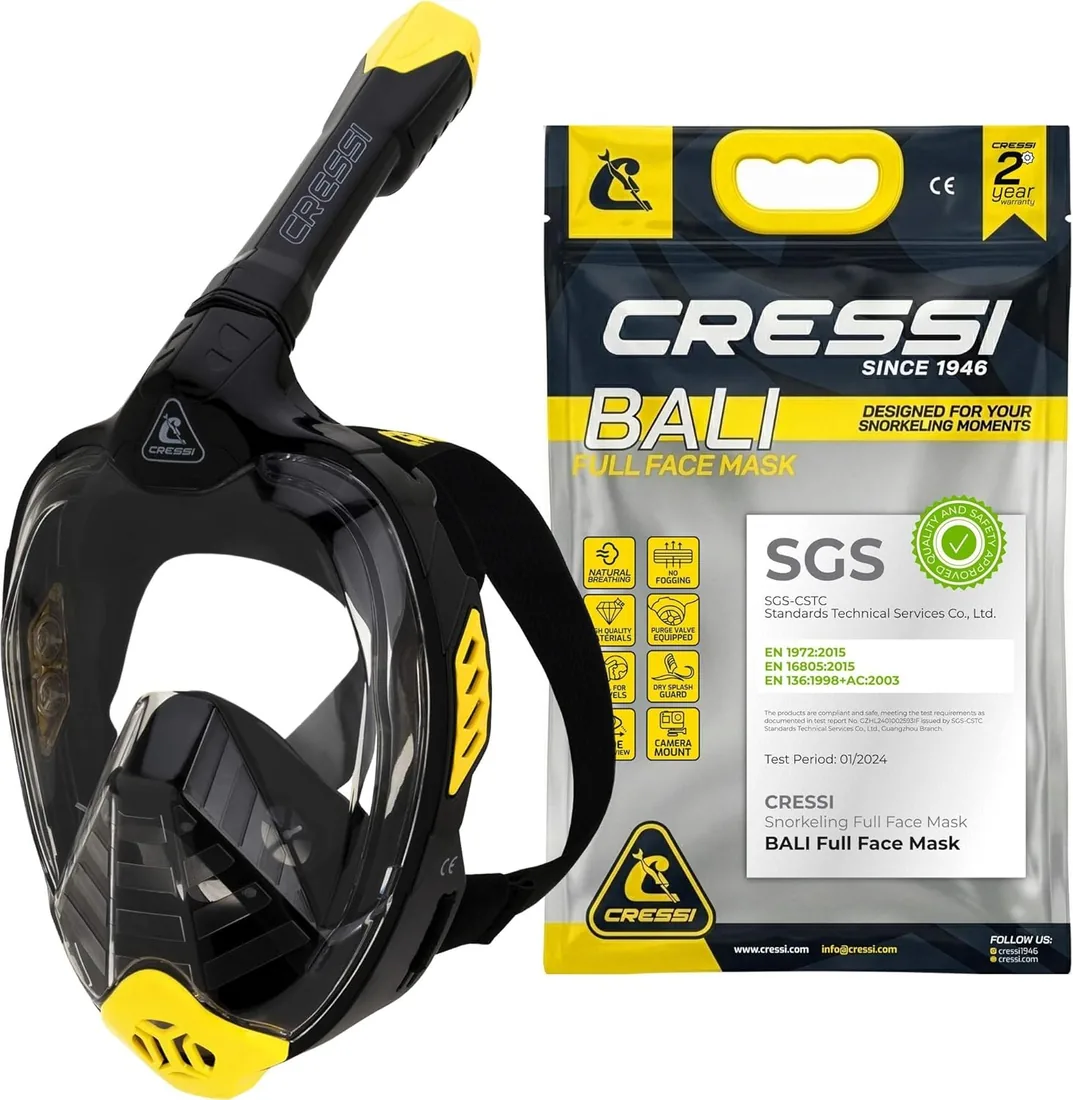 CRESSI Bali Full Face Mask-Máscara Integral Unisex para Snorkeling, Lente Ultra Transparente Antivaho, 100% Silicona, Tubo Seco con Válvula, Apoyo Action CAM