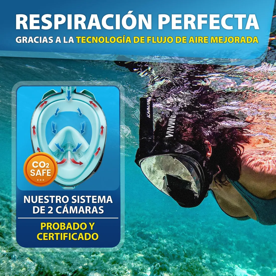 KAIMANA® Máscara Snorkel Niño Integral – Máscara Buceo Niño Full Face 4-10 Años con Sistema CO₂-Safe, Anti-Vaho y Anti-Filtraciones – Incluye Bolsa de Transporte foto 2