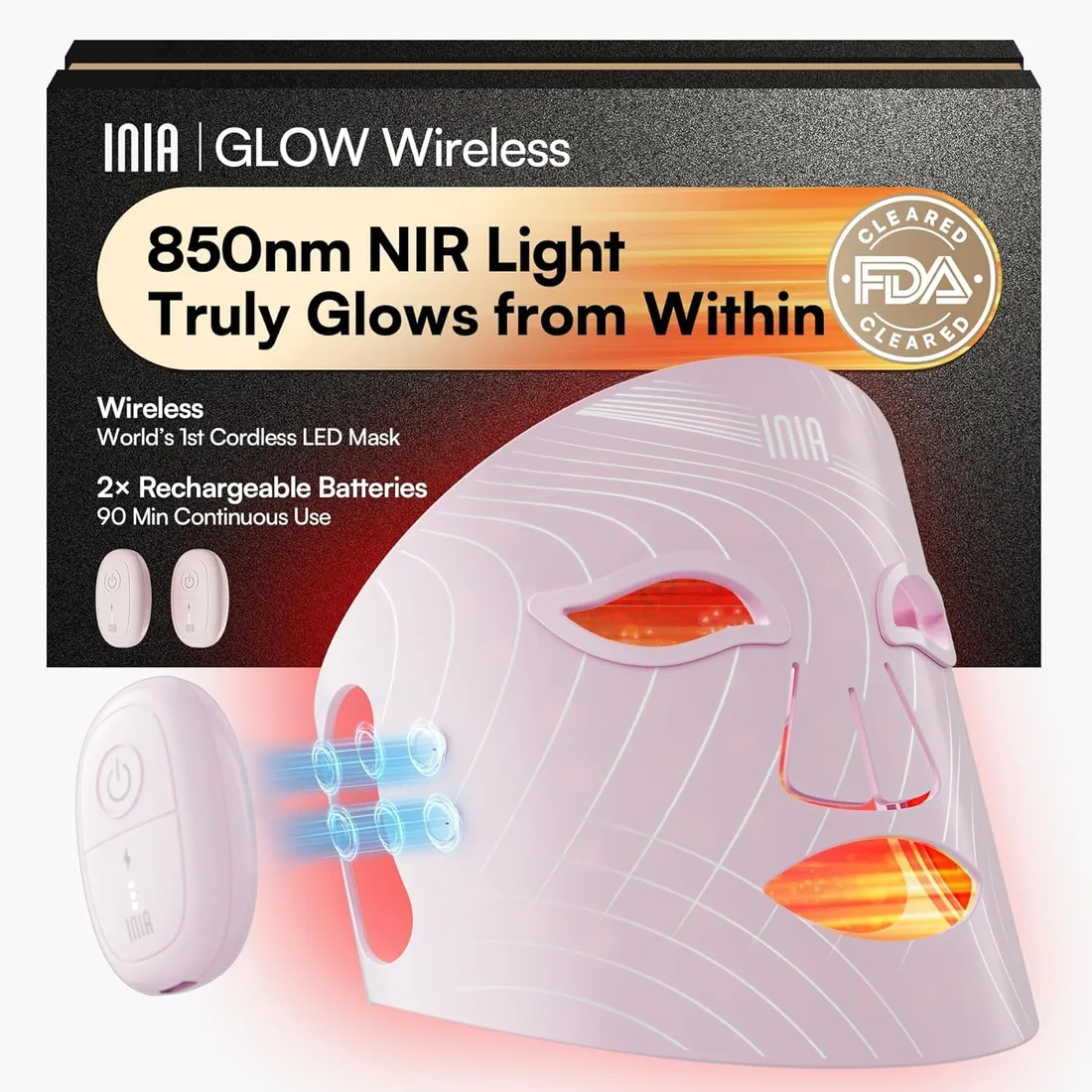 INIA Glow Máscara LED Facial Inalámbrica, Luz Roja, 4 Modos de Luz | Luz Roja, Amarilla y Azul, Inalámbrica y Portátil, Recargable, Diseño Ergonómico, Uso en Casa y Viajes, Rosa
