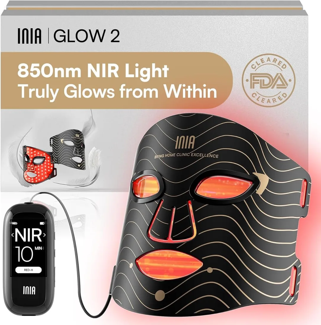 INIA GLOW Máscara LED Facial, Luz Roja y Azul, 3 Modos, 220 LEDs | Resultados visibles, Batería recargable, Temporizador 10–30 min, Apagado automático, Cuidado diario de la piel sin esfuerzo