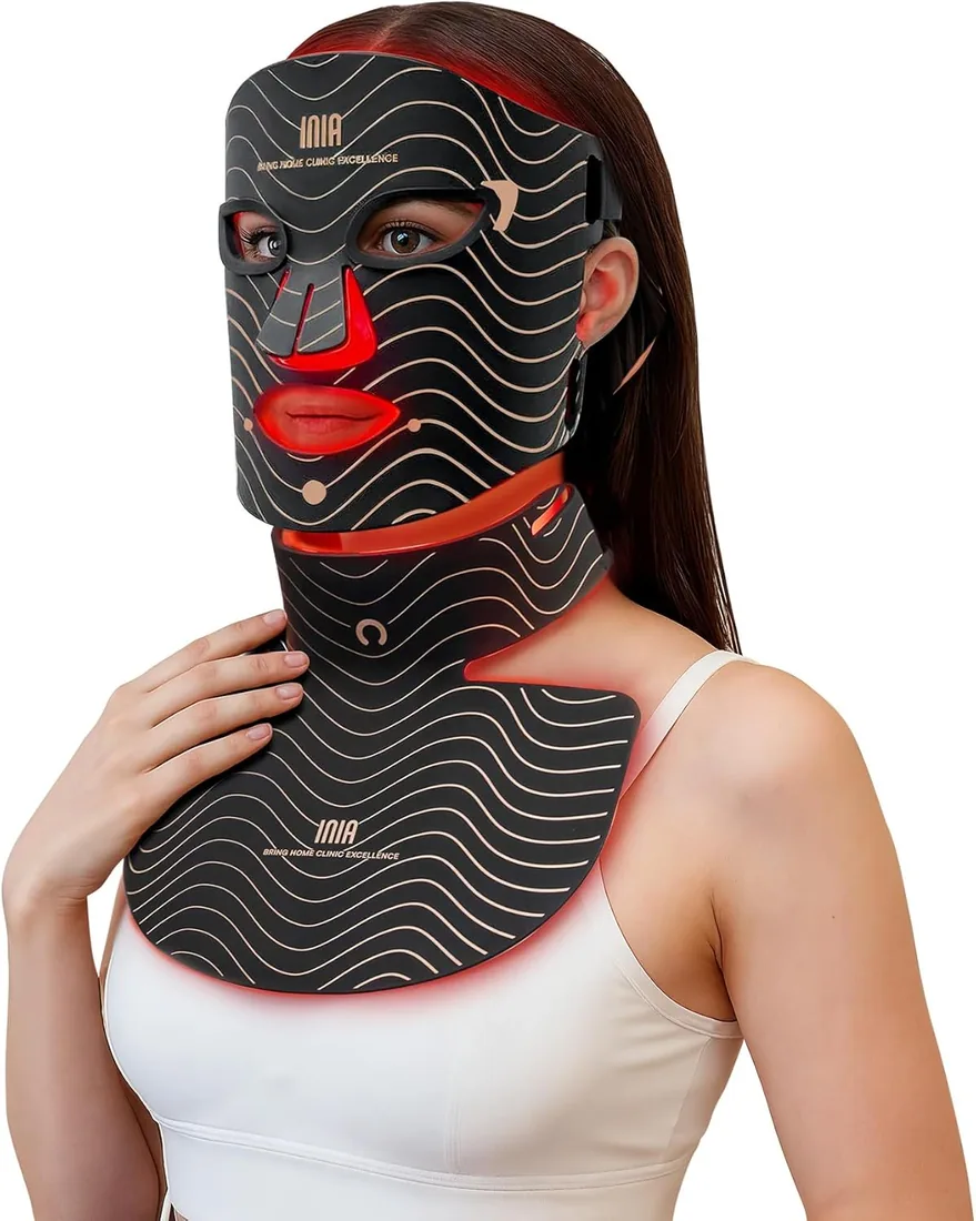 INIA GLOW Máscara LED Facial y Cuello, Luz Roja, Amarilla y Azul, 4 Modos | Cobertura total rostro y cuello, Batería recargable, Temporizador 10–30 min, Apagado automático, Rutina cuidado en casa