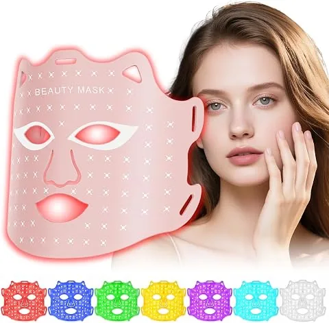 Máscara facial LED, máscara LED de fototerapia con 7 colores, dispositivo de belleza antiedad apto para todo tipo de piel, para usar en cualquier momento y lugar