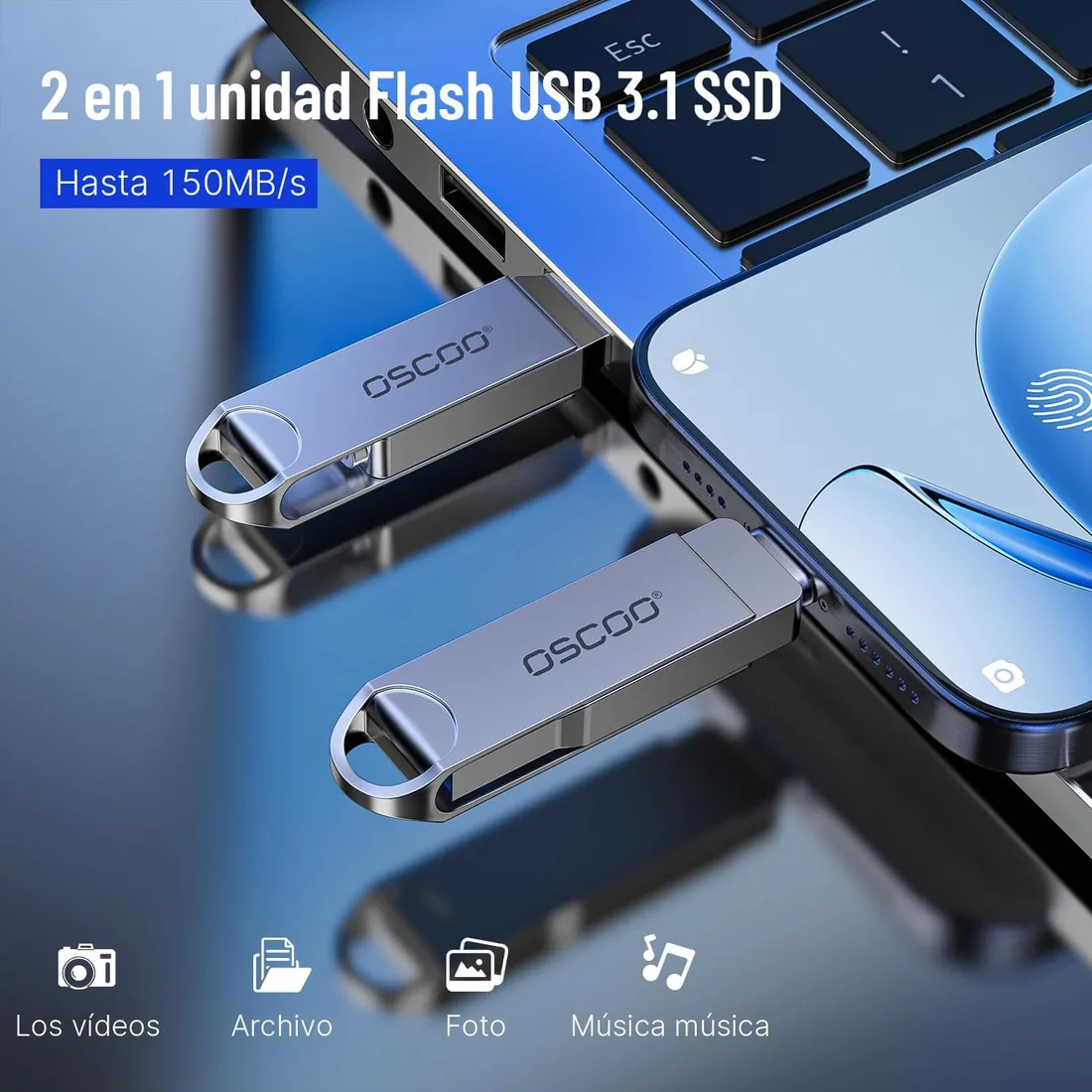 64GB USB 3.1 Gen1 Dual USB-C/A Pendrive | Memoria USB externa portátil con doble interfaz USB-C y USB-A, compatible con smartphones, portátiles y tabletas. foto 2