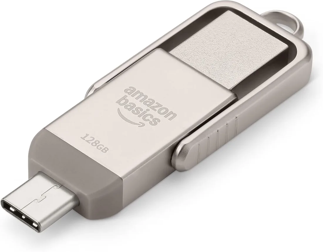 Amazon Basics Memoria USB, Memoria Portátil con Puertos USB C y USB A Duales, 128GB, Color Champán Plateado