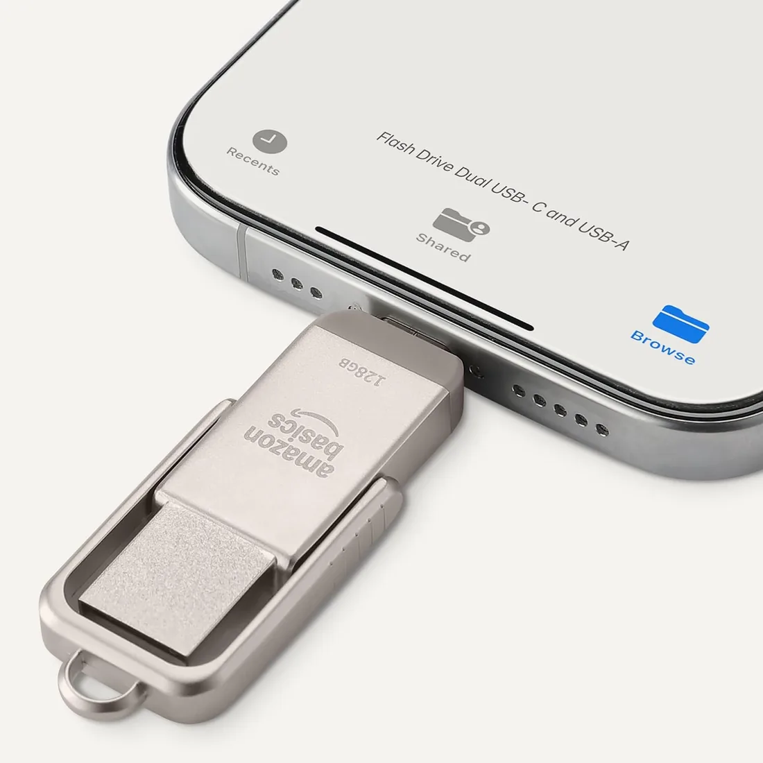 Amazon Basics Memoria USB, Memoria Portátil con Puertos USB C y USB A Duales, 128GB, Color Champán Plateado foto 3