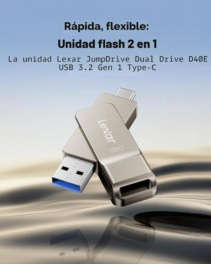 Lexar D40E Unidad Flash Dual USB Tipo-C, USB-A/C, 128GB, Champán Plateado | USB 3.2 Gen 1, Type-C, Carcasa de Metal, Diseño Giratorio foto 3