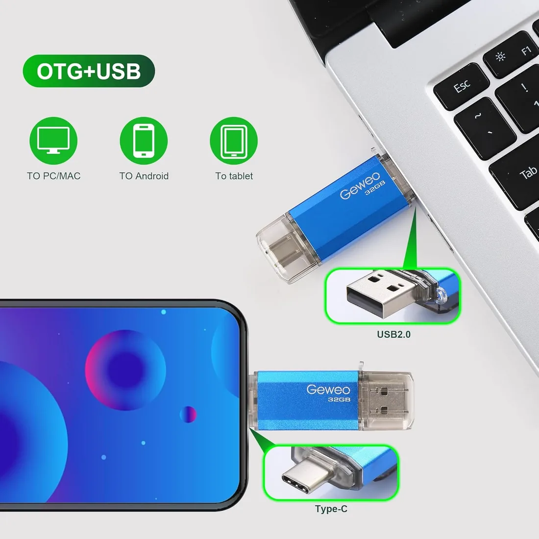Memoria USB 32GB, Flash Drive USB 2.0 Pendrive 32GB 2 en 1 OTG USB C Memory Stick para Smartphones Android, Windows, Android, Pc, Tabletas y Otras Dispositivos USB o Tipo C (Azul) foto 2