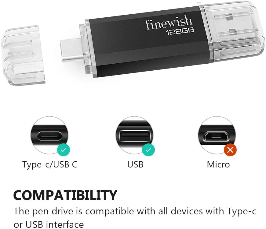 Tipo C Memoria USB 128gb, Pendrive USB C 128 GB 2 en 1 Tipo C Y USB 2.0 Memoria Flash 128gb para Smartphones Android, Windows, Android, Pc, Tabletas, Almacenamiento DE Datos Externo Etc (Negro) foto 2