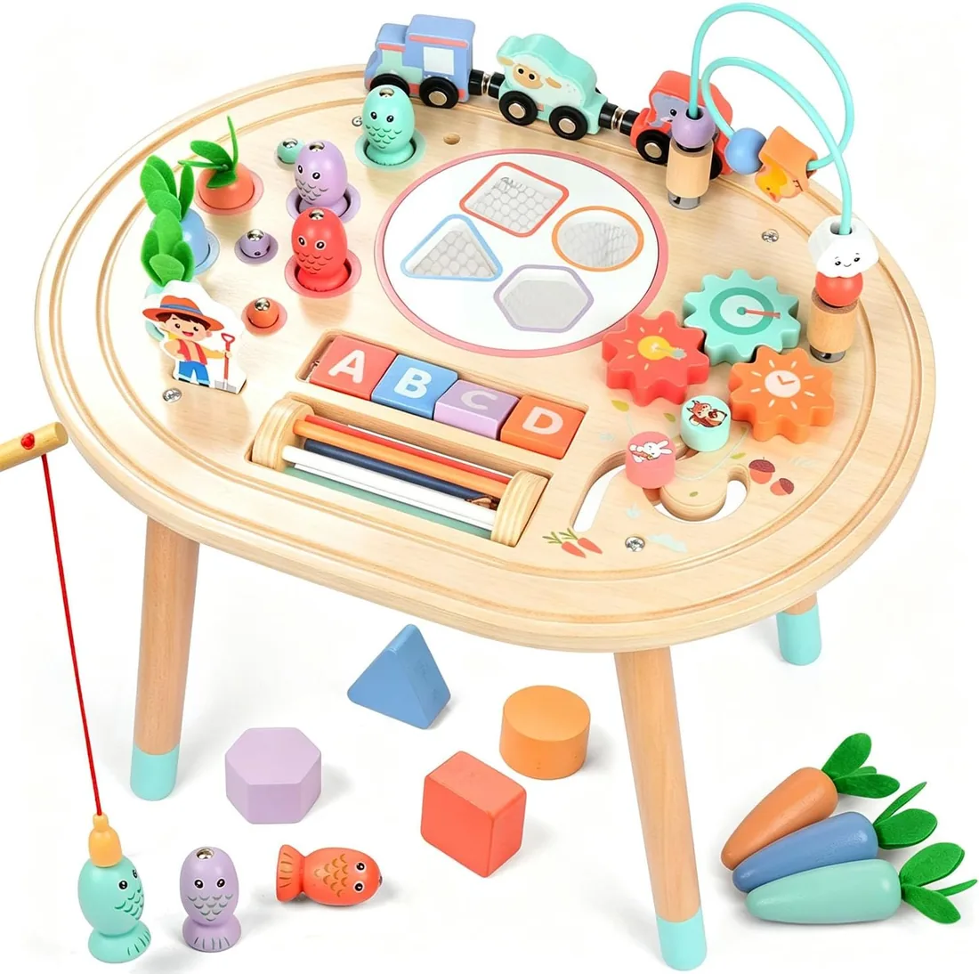 10-en-1 Mesa de Actividades Bebés, Montessori de Madera para Niños 1Años | Juguete Sensorial con Juego de Pesca, Tren de Animales y Clasificador de Formas, Regalo Cumpleaños Navidad para Niña Niño