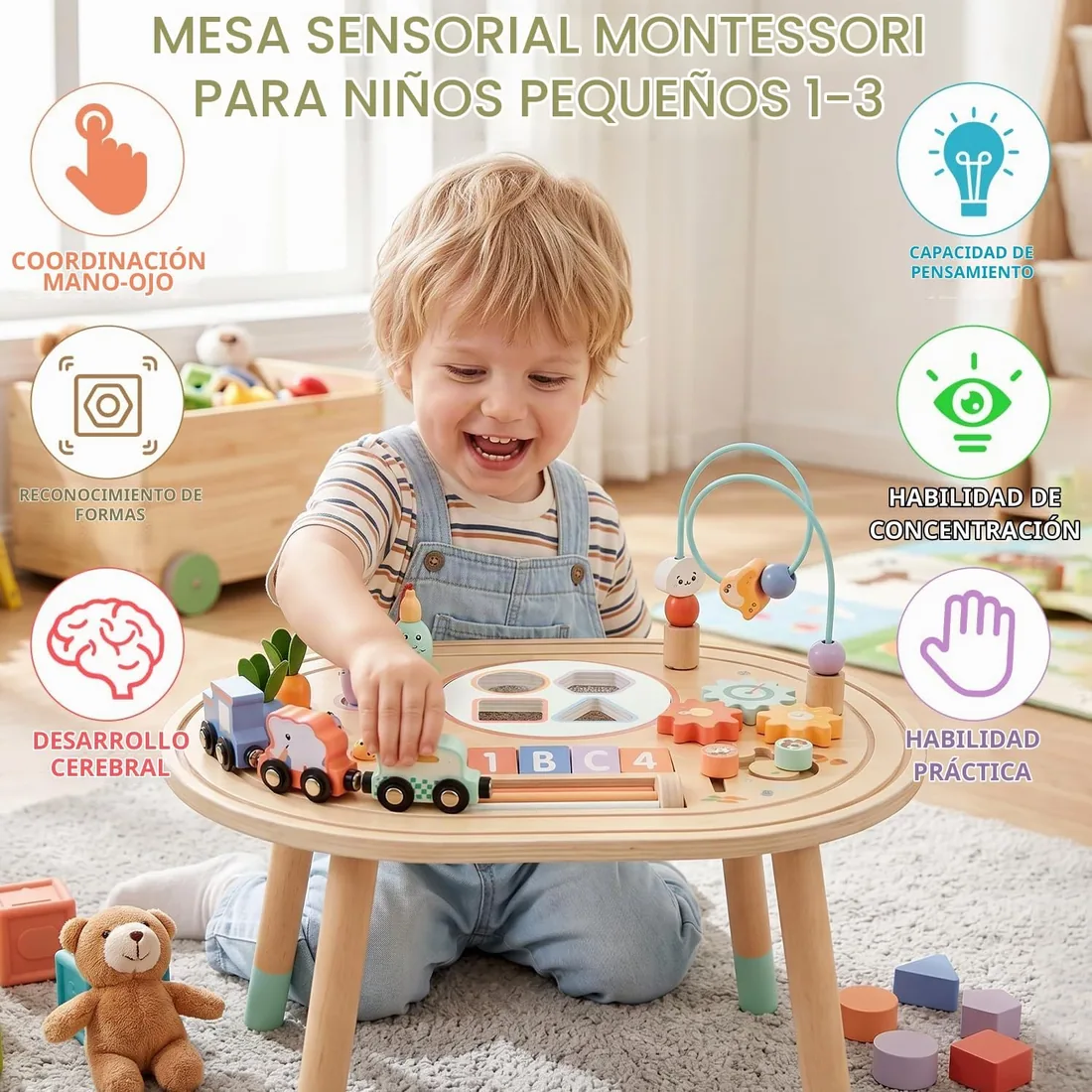 10-en-1 Mesa de Actividades Bebés, Montessori de Madera para Niños 1Años | Juguete Sensorial con Juego de Pesca, Tren de Animales y Clasificador de Formas, Regalo Cumpleaños Navidad para Niña Niño foto 3
