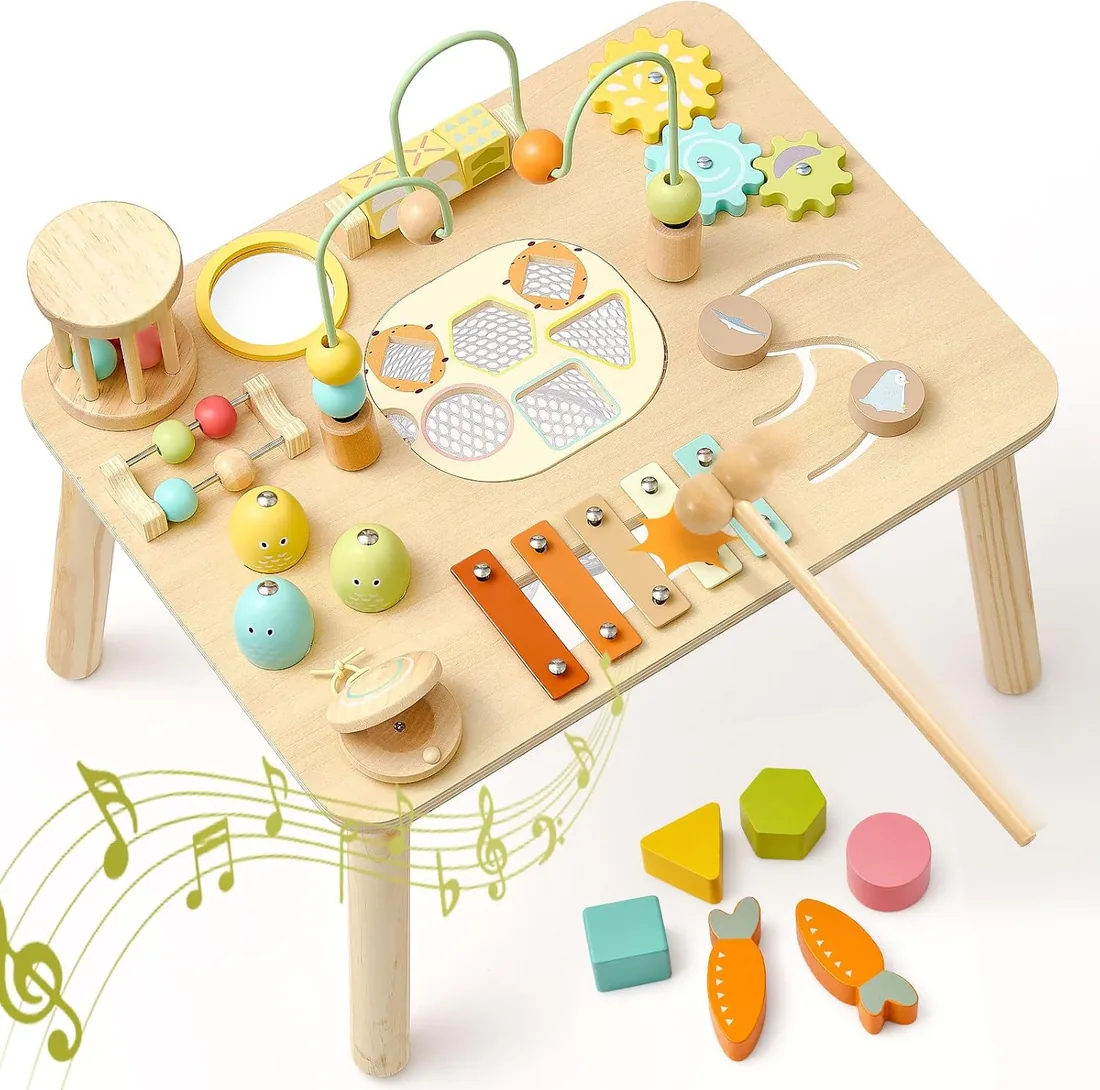 Atoylink Mesa Sensorial Montessori de Madera, Mesa Actividades Bebe | Mesa de Actividades 10 en 1 con Pesca Magnética, Xilófono, Laberinto de Cuentas, Encajables, Juguete Educativo