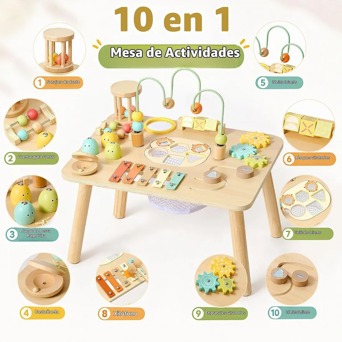 Atoylink Mesa Sensorial Montessori de Madera, Mesa Actividades Bebe | Mesa de Actividades 10 en 1 con Pesca Magnética, Xilófono, Laberinto de Cuentas, Encajables, Juguete Educativo foto 2
