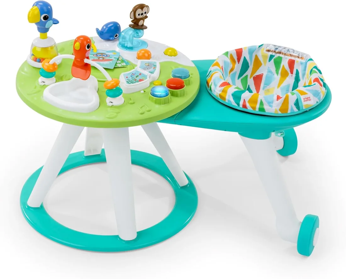 Bright Starts, Centro y Mesa de Actividades Around We Go Tropic Cool con luces y sonidos, 10 juguetes de actividades, andador musical, asiento giratorio, desarrollo motriz, verde, a partir de 6 meses
