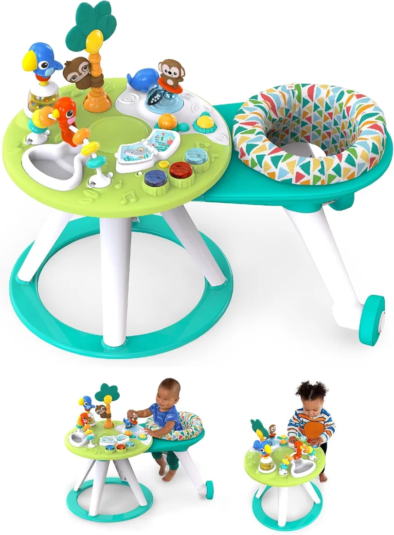 Bright Starts, Centro y Mesa de Actividades Around We Go Tropic Cool con luces y sonidos, 10 juguetes de actividades, andador musical, asiento giratorio, desarrollo motriz, verde, a partir de 6 meses foto 2