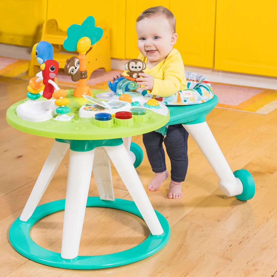 Bright Starts, Centro y Mesa de Actividades Around We Go Tropic Cool con luces y sonidos, 10 juguetes de actividades, andador musical, asiento giratorio, desarrollo motriz, verde, a partir de 6 meses foto 3