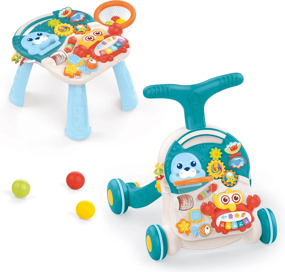 Correpasillos Bebé, Andador Bebé + Mesa de actividades - 2 en 1 - Tablero Extraíble - Ruedas con bloqueo - Mango regulable a 2 alturas - Contiene instrumento musical y juguetes, 12M+ (AZUL)