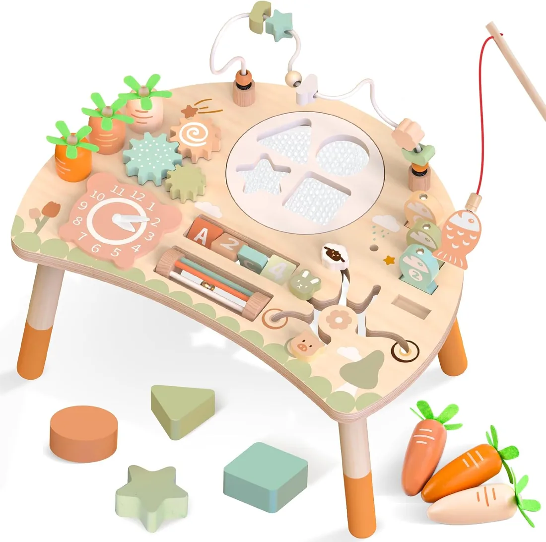 Mesa Actividades Bebé 1 año, Juguete Montessori Madera 9 en 1, Regalo Niños | 9 Juegos en 1: Laberinto de Cuentas, Pesca, Clasificador de Formas y Reloj – Estimula al Bebé Desde 1 Año, Regalo Idea