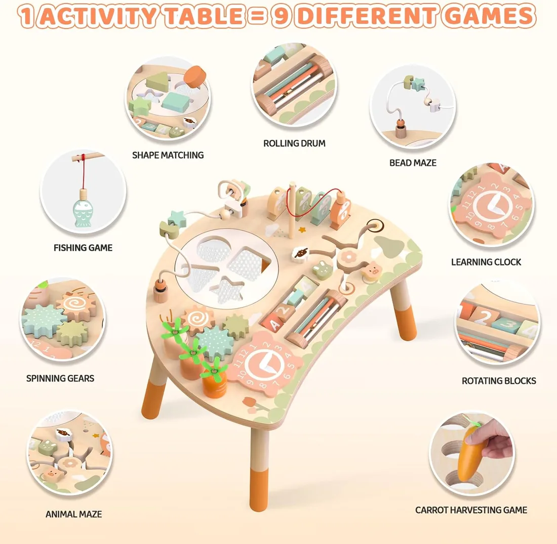Mesa Actividades Bebé 1 año, Juguete Montessori Madera 9 en 1, Regalo Niños | 9 Juegos en 1: Laberinto de Cuentas, Pesca, Clasificador de Formas y Reloj – Estimula al Bebé Desde 1 Año, Regalo Idea foto 2