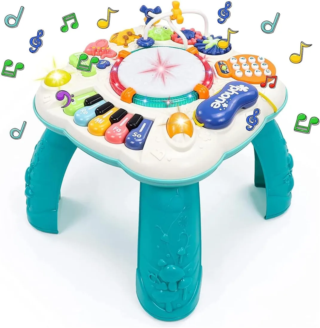 Mesa Actividades Bebé 6 en 1 - Juguete Musical Regalo 1-3 Años | Mesa interactiva Montessori con piano, tambor, teléfono, luces y 16 melodías; plástico, 33x33x26 cm, desde 12 meses