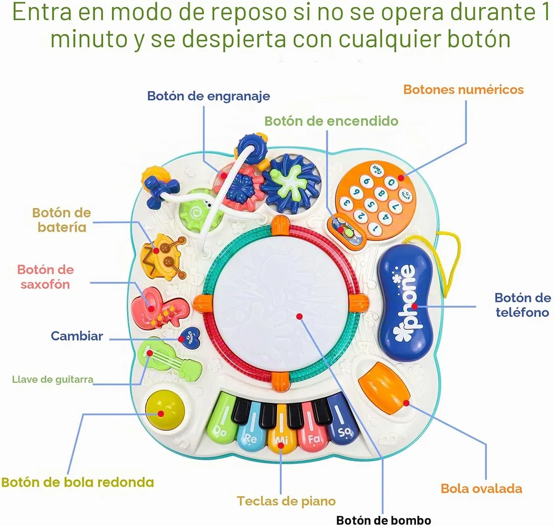 Mesa Actividades Bebé 6 en 1 - Juguete Musical Regalo 1-3 Años | Mesa interactiva Montessori con piano, tambor, teléfono, luces y 16 melodías; plástico, 33x33x26 cm, desde 12 meses foto 2