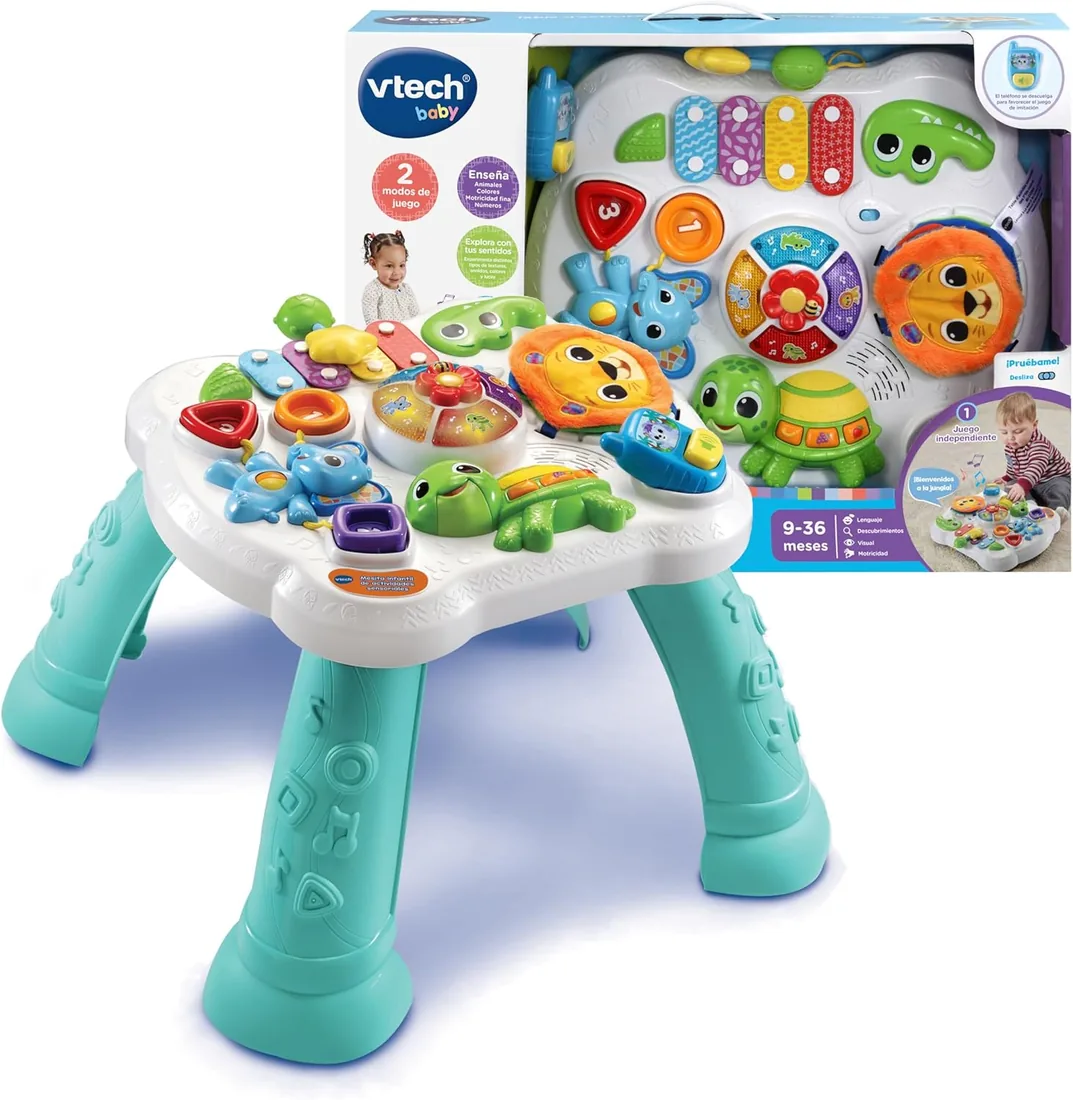 VTech-Baby Mesita Infantil Actividades Sensoriales, Mesa de Desarrollo para bebés con múltiples Juegos, Panel Interactivo extraíble, Actividad Musical y evolutiva, Regalo bebés +9 Meses, Versión ESP