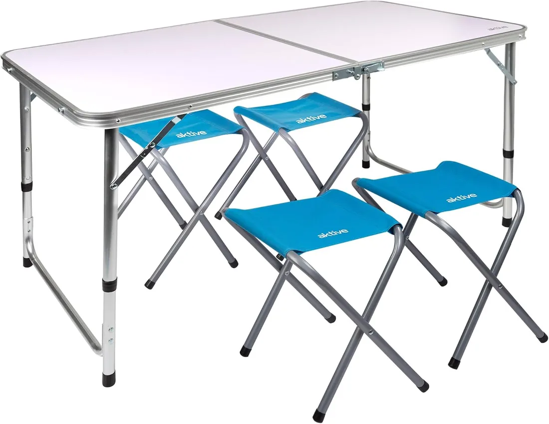 AKTIVE Mesa plegable portátil camping para 4 personas, Altura regulable, incluye 4 taburetes, jardín, con sillas dentro, Conjunto mesas y sillas plegable (52893)