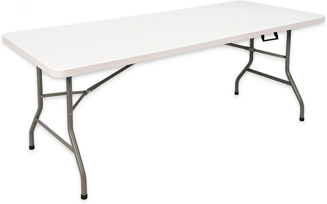 Mesa Plegable 180 x 70 cm Interior y Exterior, Carga 150 kg Asa de Transporte Plegado por la Mitad Patas de Acero Altura 74 cm para Camping, Eventos, Comedor, Resina HDPE Color Blanco foto 2