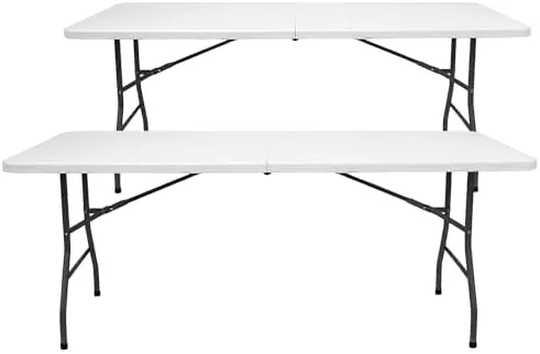 Mesa Plegable 180 x 70 cm para Interior y Exterior, Carga 150 kg Asa de Transporte Plegado por la Mitad, Patas de Acero Altura 74 cm, para Camping, Eventos, Resina HDPE Blanco - 2 Pack foto 2