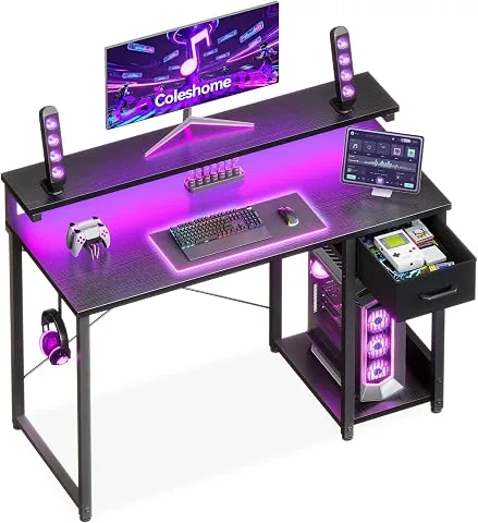 Coleshome Escritorio Gaming con Cajones de Tela, 100x45cm, Negro | Luces LED, Reversible, Con Estantería, Gancho para Auri foto 2