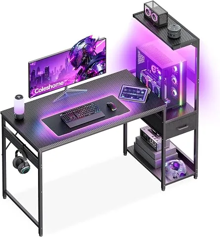 Coleshome Escritorio Gaming con LED, 120x48cm, Fibra de Carbono Negra | Mesa Gaming con Cajones y Estantería, Mesa Gamer R