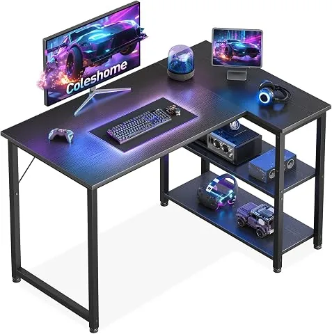 Coleshome Escritorio Gaming en L con Estantes Reversible, 100x70cm, Negro | Escritorio Esquinero con Estante de Almacenami