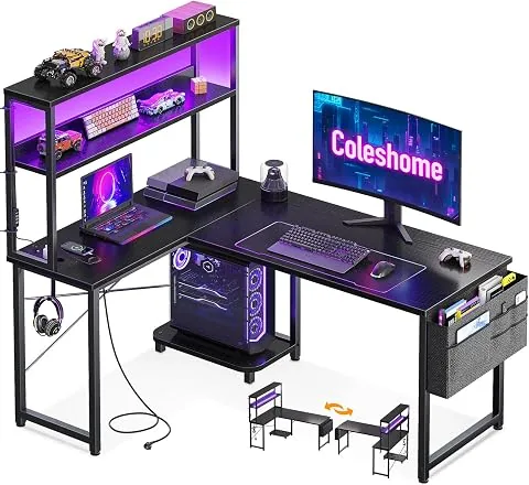 Coleshome Escritorio Gaming en L con LED y Enchufes, 110×80cm, Negro | Escritorio Gamer en L Reversible con Tomas&USB y Es
