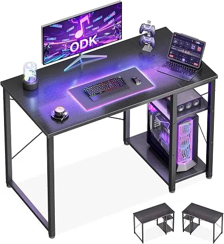 ODK Escritorio Gaming con Estantería Reversible, 100x48cm, Negro | Escritorio Ahorrar Espacio, Mesa de Estudio Compacta co foto 2