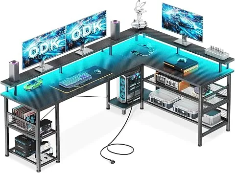 ODK Escritorio Gaming en L con LED, 168x120cm, Fibra Carbono Negro | Escritorio Esquinero Reversible foto 3