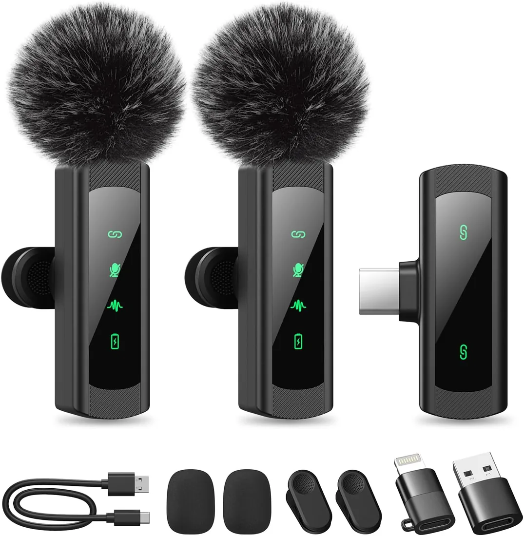 2 Pack Micrófono Inalámbrico Solapa para iPhone, iPad y Android, Micrófono de Clip con Reducción de Ruido para Grabación Vídeo, Plug & Play, Sonido Cristalino, TikTok, Youtube, Vlog