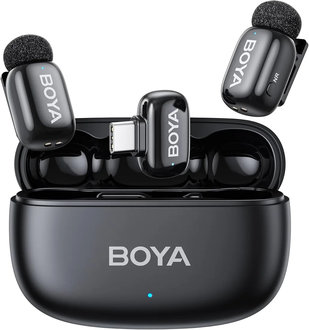 BOYA Mini 2 Micrófono Inalámbrico de Solapa para iPhone, Android, USB-C | Micrófono Lavalier, 5 g, 48 kHz/24 Bit, 100 m, 30 h, Sonido Anti-Pop, Cancelación de Ruido IA, Control por App, Negro