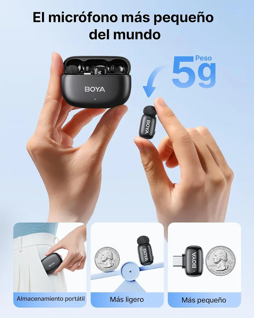 BOYA Mini 2 Micrófono Inalámbrico de Solapa para iPhone, Android, USB-C | Micrófono Lavalier, 5 g, 48 kHz/24 Bit, 100 m, 30 h, Sonido Anti-Pop, Cancelación de Ruido IA, Control por App, Negro foto 2