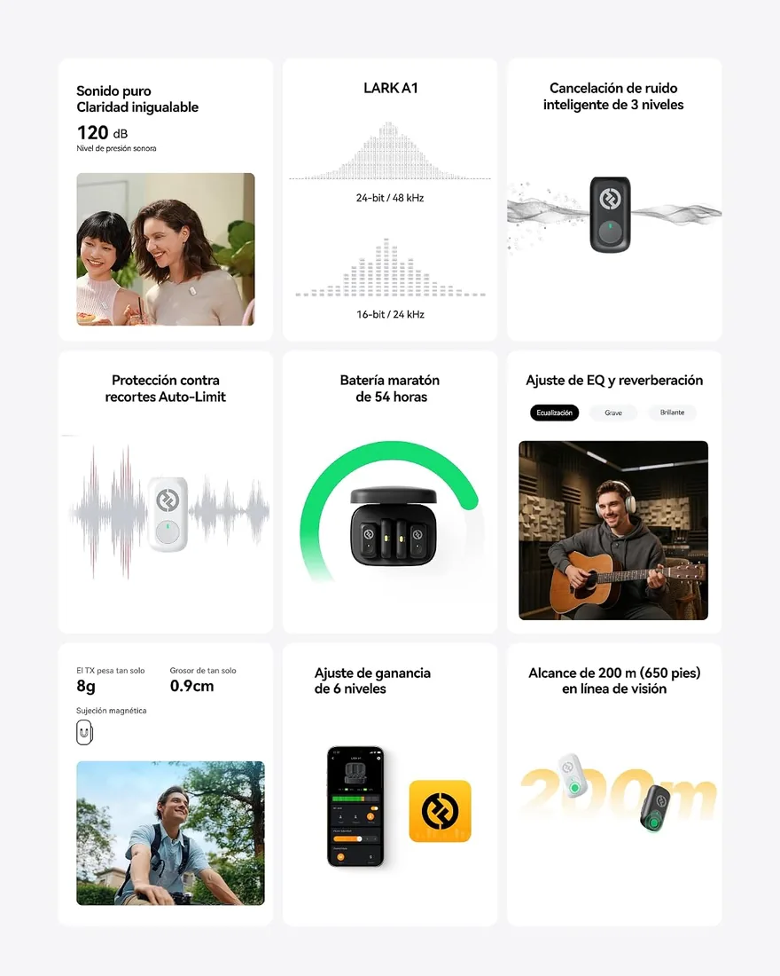 Hollyland Lark A1 (2TX+USB-C RX+Case) Micrófono Inalámbrico para vlog | Audio de Estudio Rico en Detalles, Conexión de 200m, Reducción de Ruido, Larga Autonomía, 48kHz/24Bit, para iPhone/USB-C foto 2