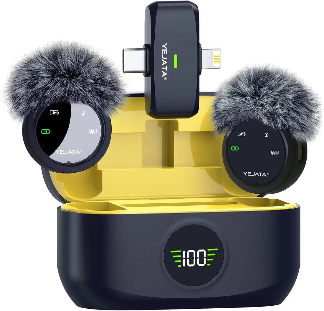 Micrófono Inalámbrico de Solapa Dual para Vídeos | 2 transmisores, receptor USB-C/Lightning, cancelación de ruido DSP, estuche 40H, alcance 25 m, compatible con iOS y Android.