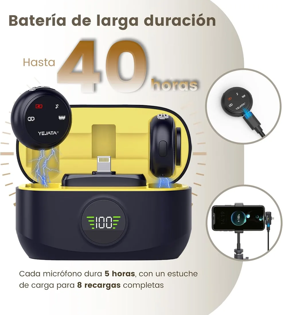 Micrófono Inalámbrico de Solapa Dual para Vídeos | 2 transmisores, receptor USB-C/Lightning, cancelación de ruido DSP, estuche 40H, alcance 25 m, compatible con iOS y Android. foto 3