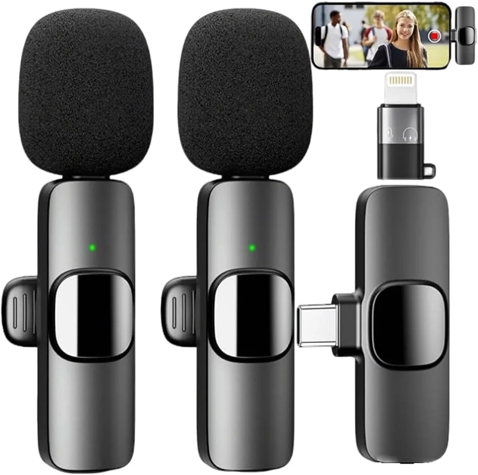 Micrófono Inalámbrico para iPhone, Android - Microfono Solapa para Grabación de Vídeo, Cancelación de Ruido Mini Mic para iPad, Mic de clip con USB C/Lightning para Creadores de Contenido y Podcast