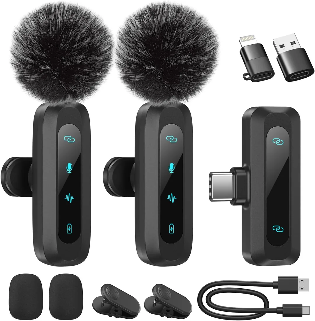 Micrófono Lavalier inalámbrico para iPhone, iPad, teléfono Android, Paquete de 2 Mini micrófonos con reducción de Ruido (2EN1)